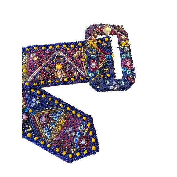 Handmade Beaded Fabric Belt With Intricate Geometric Patterns & Embellished Buck - Picture 2 of 4